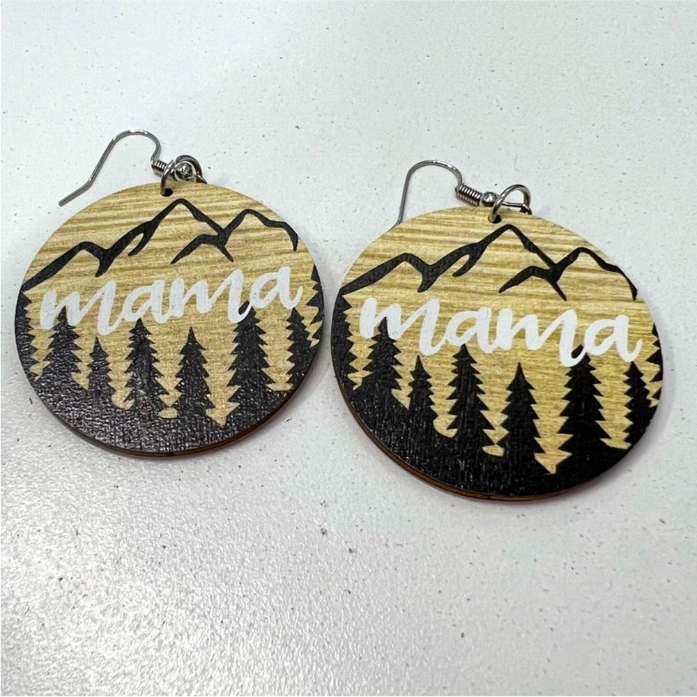 NWT Mama Circle, Wooden Earrings with mountains and trees